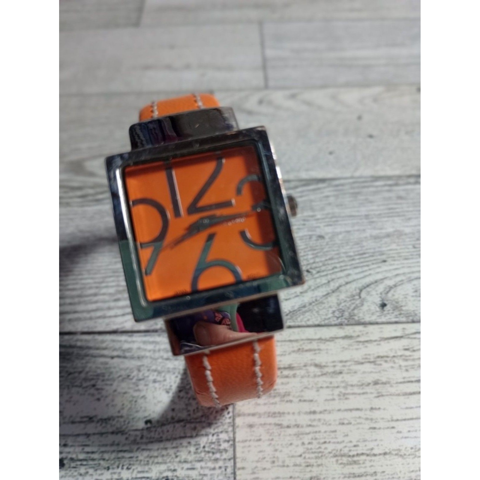 Geneva Womens Cuff Watch Square Orange Dial Silver Bezel Needs Battery Preowned